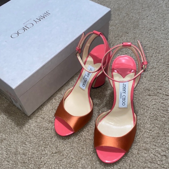 Jimmy Choo Miranda Orange and Pink Colorblock Peep Toe Strappy Heel - Picture 3 of 8